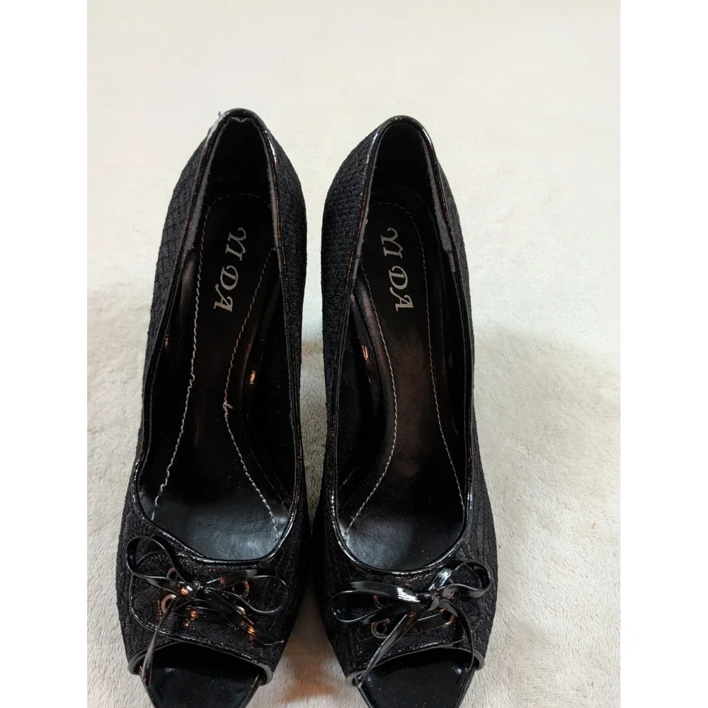 YIDA Black Lace Peep‎ Toe Bow Pumps Stiletto Heels BD01135-1 Size 8.5